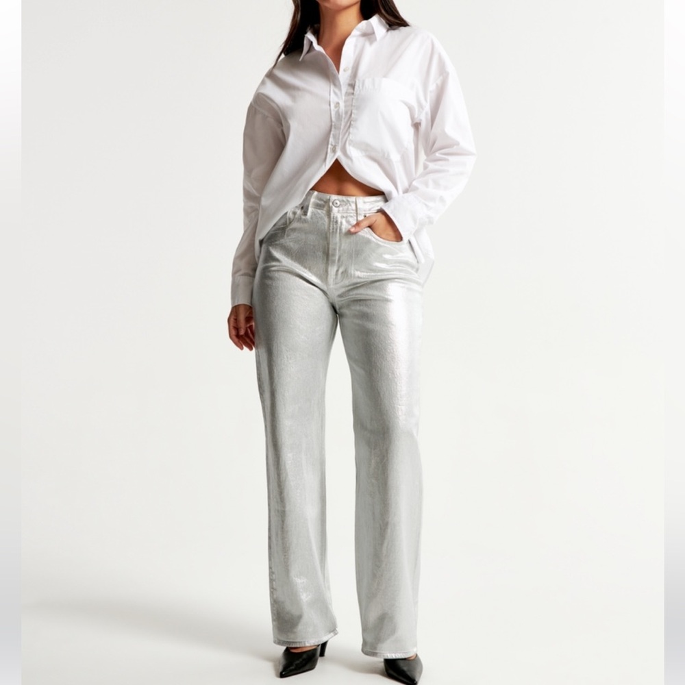 Abercrombie & Fitch Silver Metallic Wide-Leg Jeans
